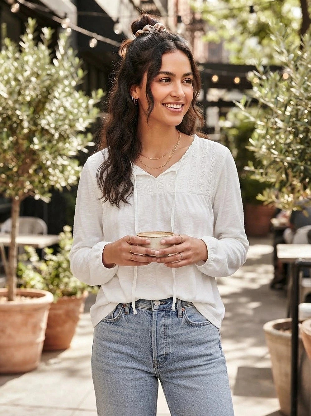 berkley jensen White Cotton Boho Chic Textured Blouse